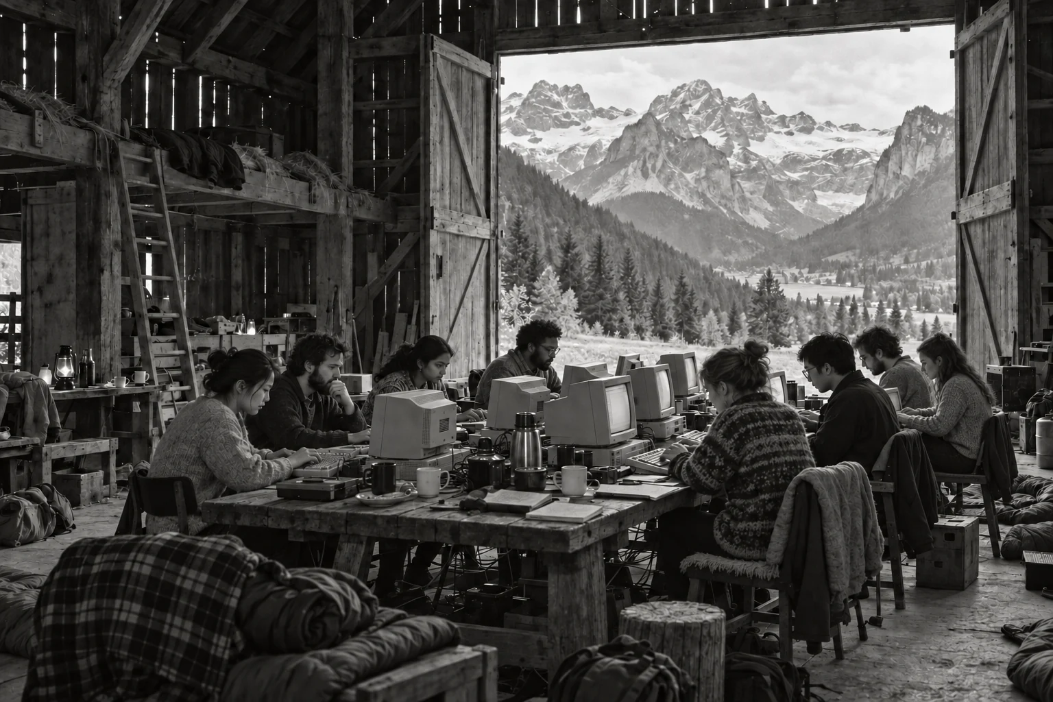A diverse team building together in an alpine barn