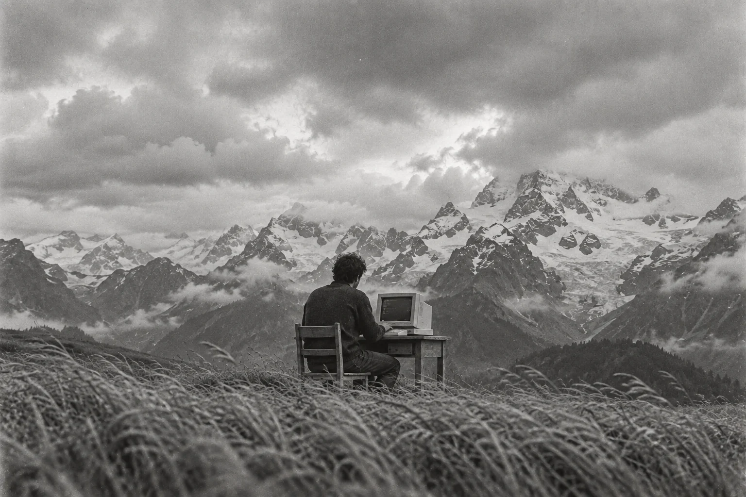 A lone builder standing in a wide mountain meadow